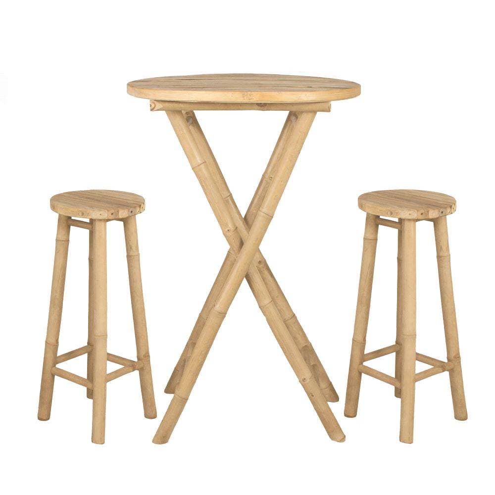 Bộ bàn ghế bar tre tự nhiên - gồm 1 bàn tròn cao và 2 ghế đôn cao (Premium Bamboo Bar Set - 1 Round Table & 2 High Stools)