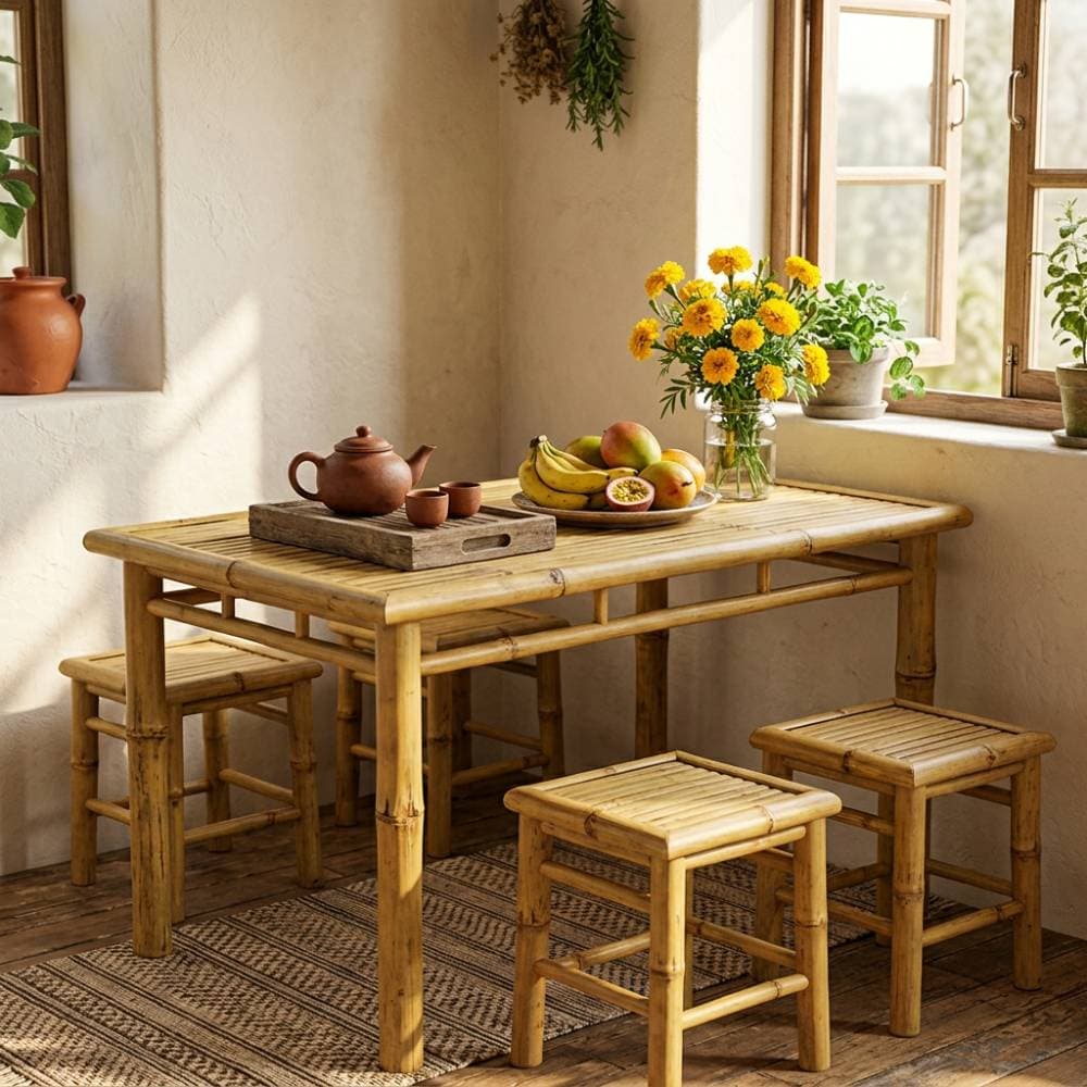 Bộ bàn ăn tre tự nhiên - gồm 1 bàn & 6 ghế đôn (Natural bamboo dining set)